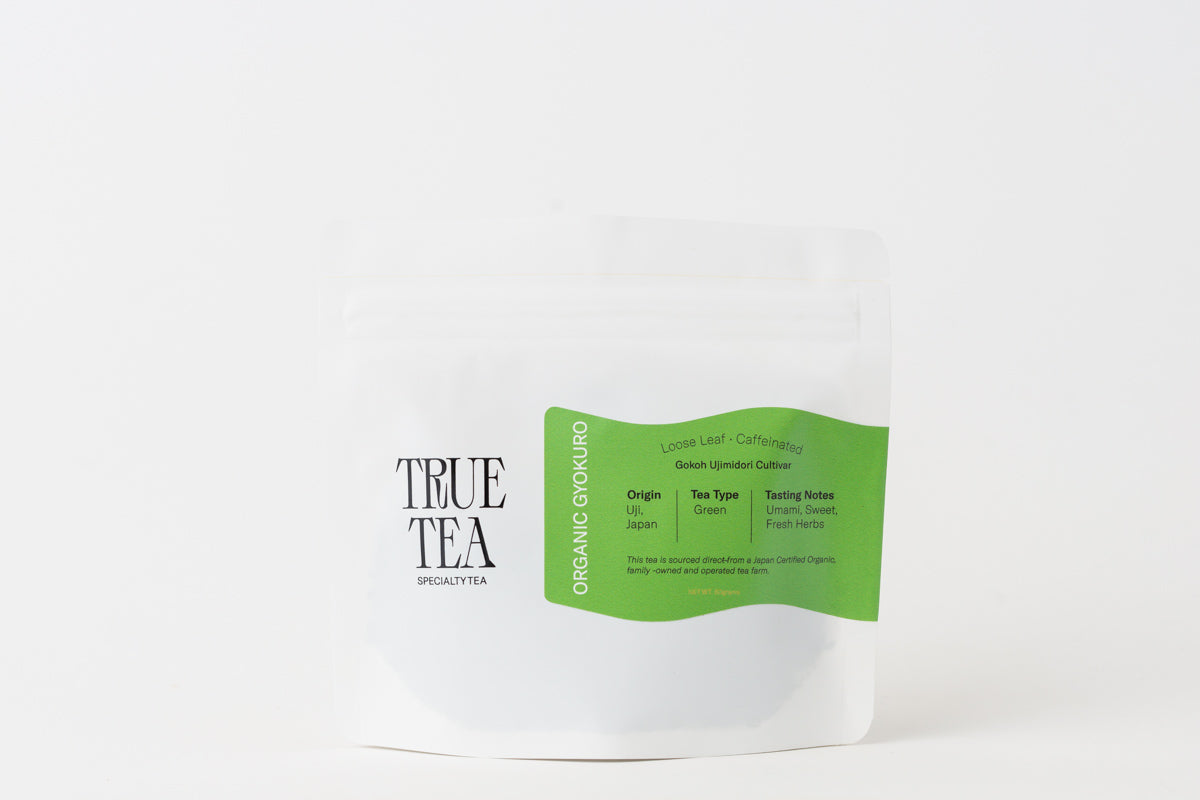 White package with a bright green label. Package contains loose leaf Organic Gyokuro tea from True Tea, a tea company based in Portland, Oregon