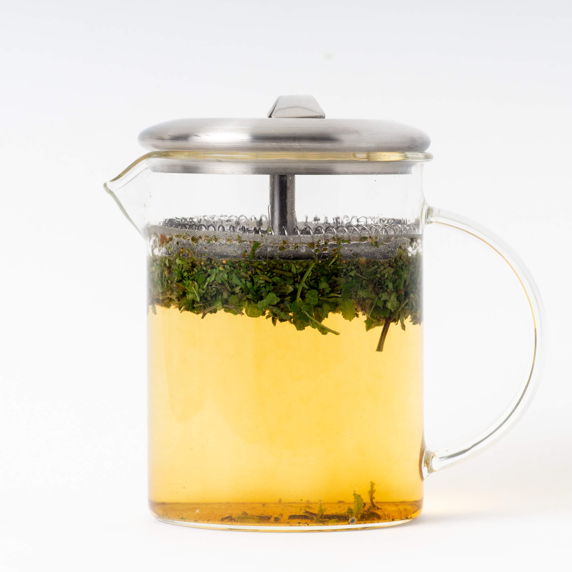 Glass brewer with brewed tea inside. This tea is the Organic Tulsi Blend from True Tea, a tea company based in Portland, Oregon