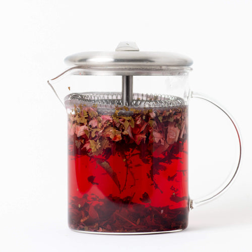 Glass tea brewer containing hibiscus tea. This is the Iced Hibiscus blend from True Tea, a tea company based in Portland, Oregon