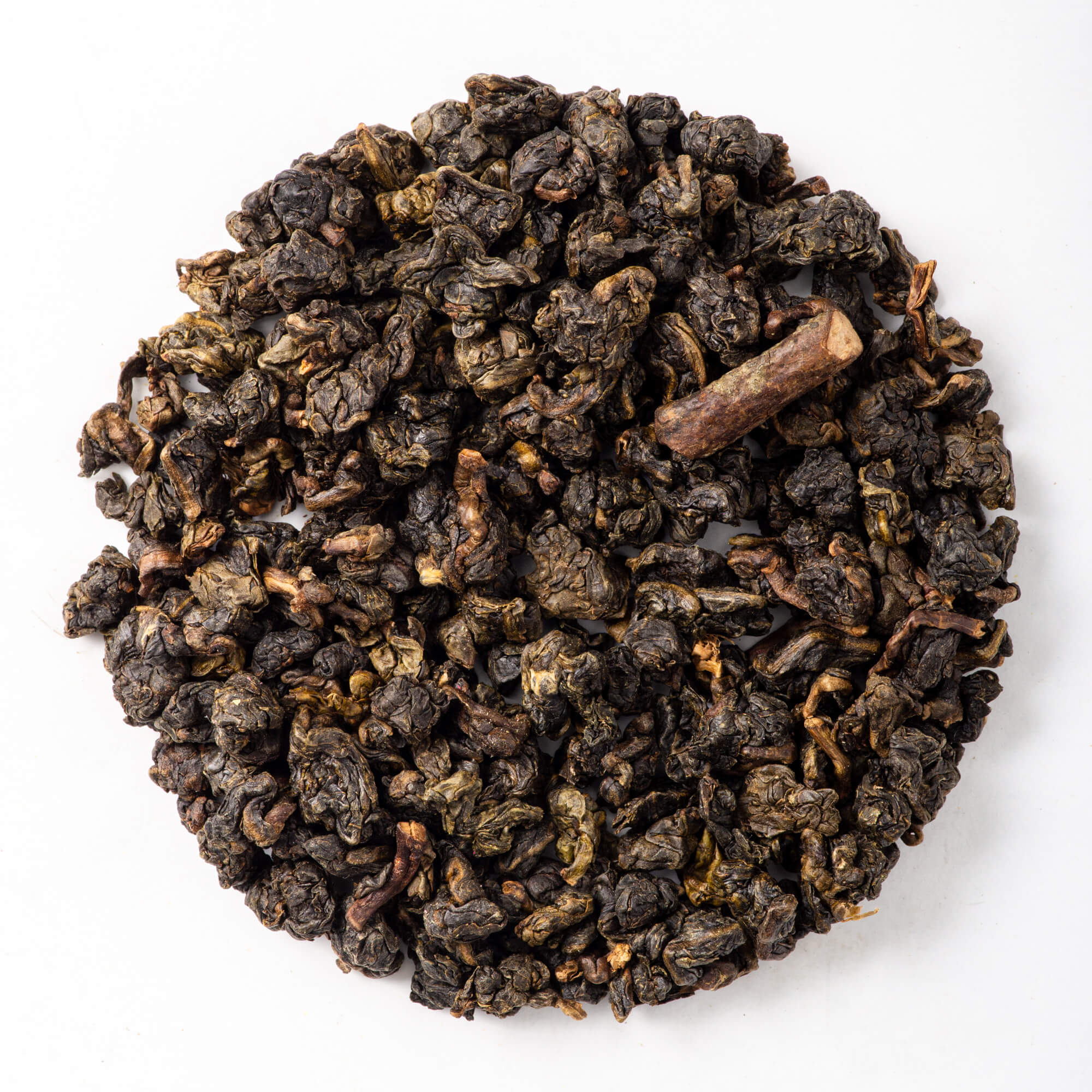 Circle of loose leaf tea. This is Organic Dong Ding, a rare tea from True Tea, a tea company based in Portland, Oregon